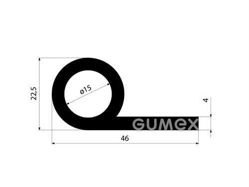 Gumový profil tvaru "P" s dutinkou, 46x22,5/4mm, dľžka 2500mm, 60°ShA, SBR, -40°C/+70°C, čierny